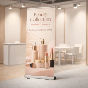 استند رول آپ تبلیغاتی لوازم آرایشی در غرفه نمایشگاهی با چاپ باکیفیت