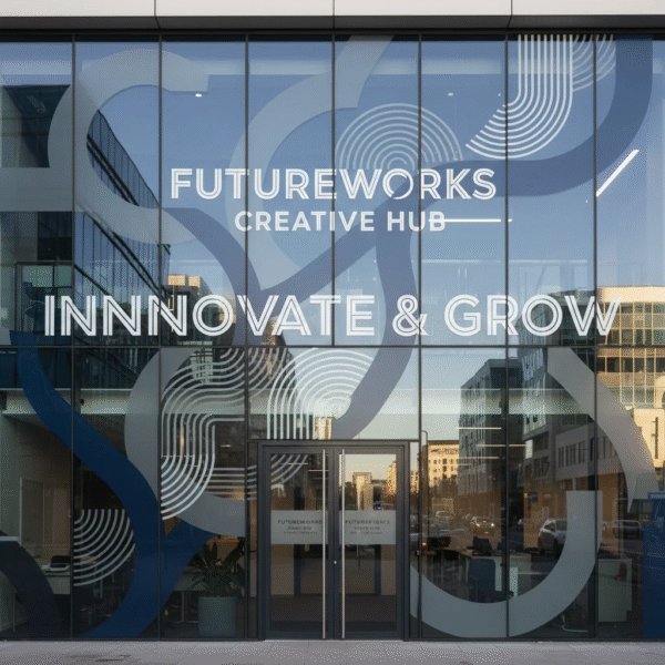 چاپ مش روی شیشه دفتر مدرن با طرح گرافیکی نیمه شفاف