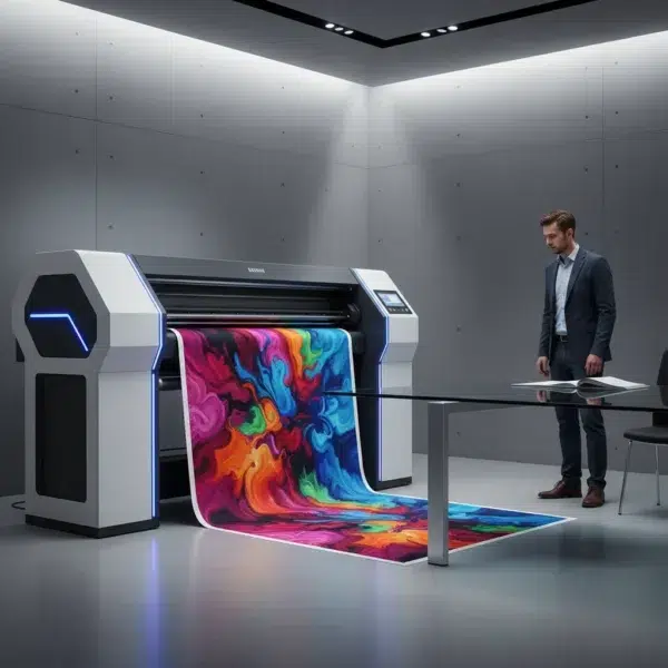 دستگاه چاپ روی بوم در دفتر مدرن در حال چاپ کنواس رنگارنگ با کیفیت بالا